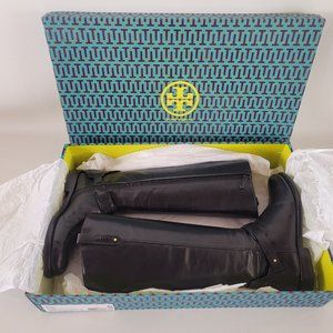 TORY BURCH Derby Black Leather Knee-High Tall Riding Boot w/Logo US 8M Side Zip